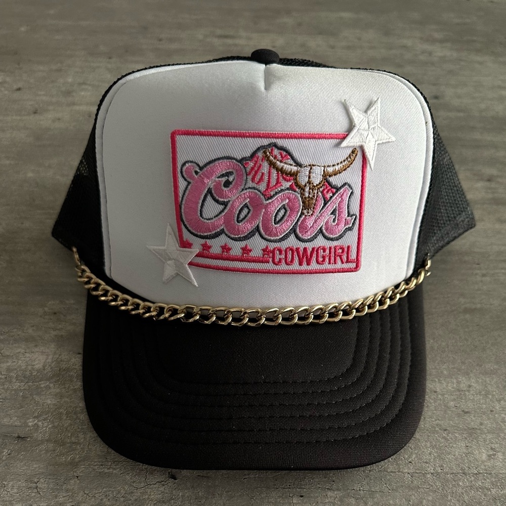 Beer themed cowgirl trucker hat with removable  chain